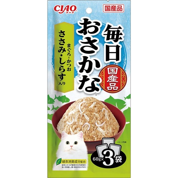 いなば 国産 CIAO チャオ 毎日おさかな まぐろ・かつお ささみ・しらす入り 60g×3袋