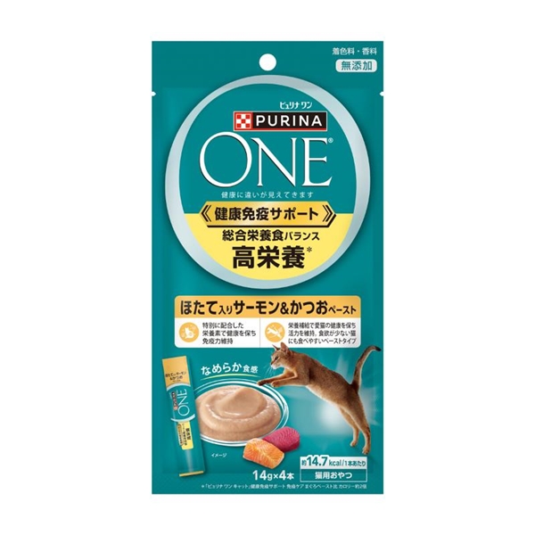 ピュリナワンキャット おやつ 総合栄養食バランス 高栄養 ほたて入りサーモン&かつおペースト 14g×4本