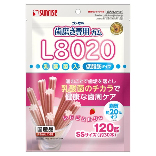 マルカン・サンライズ 国産 ゴン太の歯磨き専用ガム L8020乳酸菌入り いちごミルク味 SSサイズ 低脂肪タイプ 120g