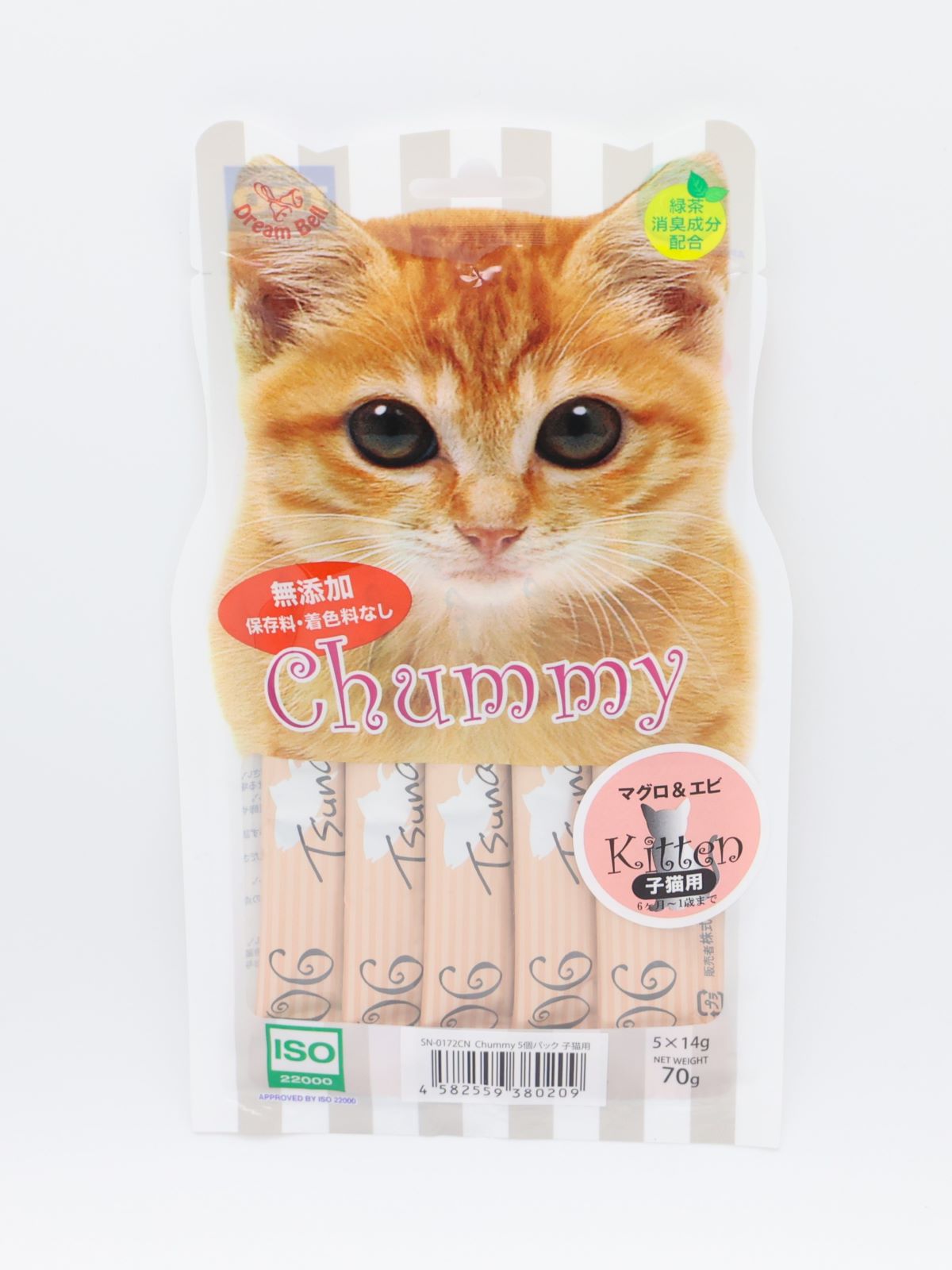 ちゃーみぃ子猫用マグロ＆エビ５本入り　　定価：195円(税込)