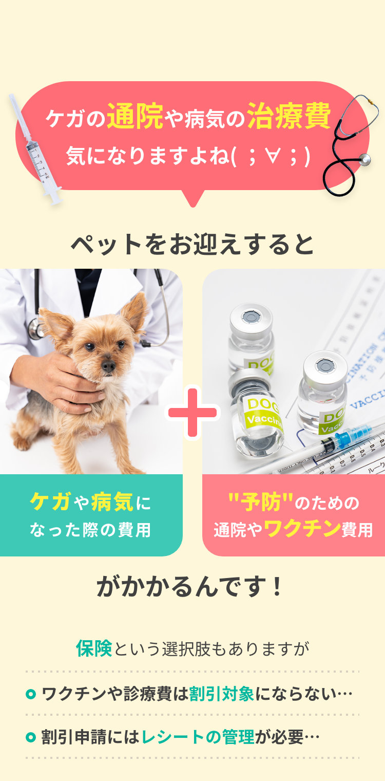ケガの通院や病気の治療費気になりますよね( ;∀;) ペットをお迎えすると ケガや病気になった際の費用 + "予防"のための通院やワクチン費用がかかるんです! 保険という選択肢もありますが ワクチンや診療費は割引対象にならない・・・ 割引申請にはレシートの管理が必要・・・ など特に普段の出費は悩みが盛りだくさん